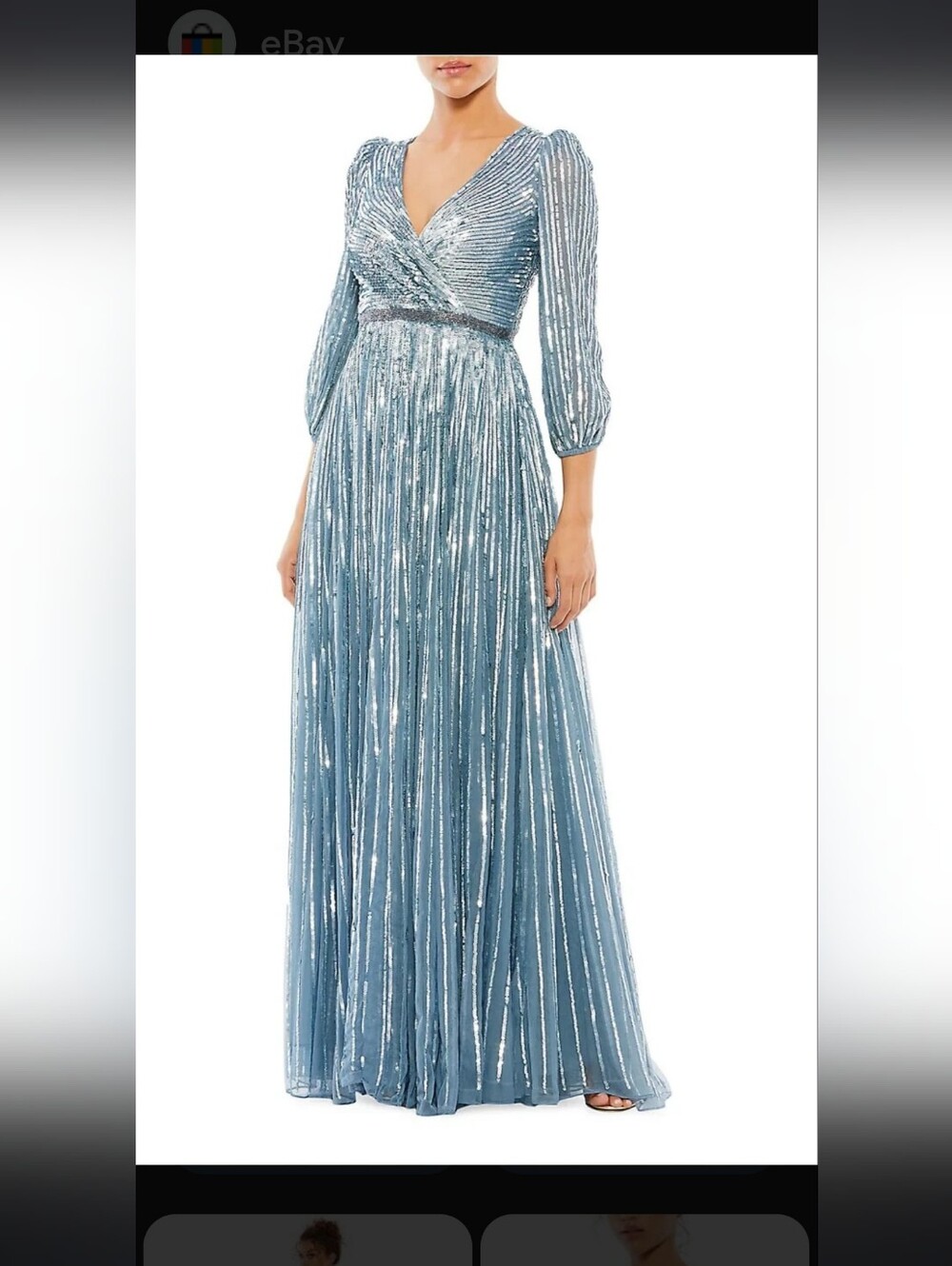 Mac Duggal Slate Blue Sequined 3/4 Long Sleeve Gown Dress 5509 Wedding Maxi